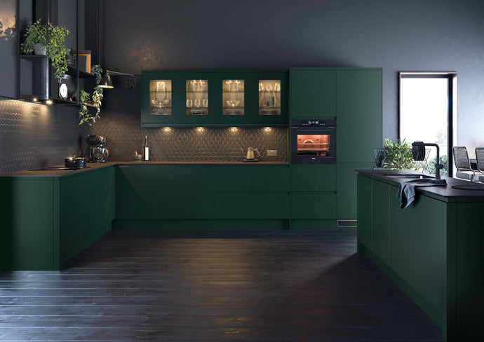 Lucente fir green handleless replacement kitchen doors
